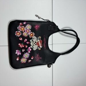 Ed Hardy Black Shoulder Bag with Floral Design